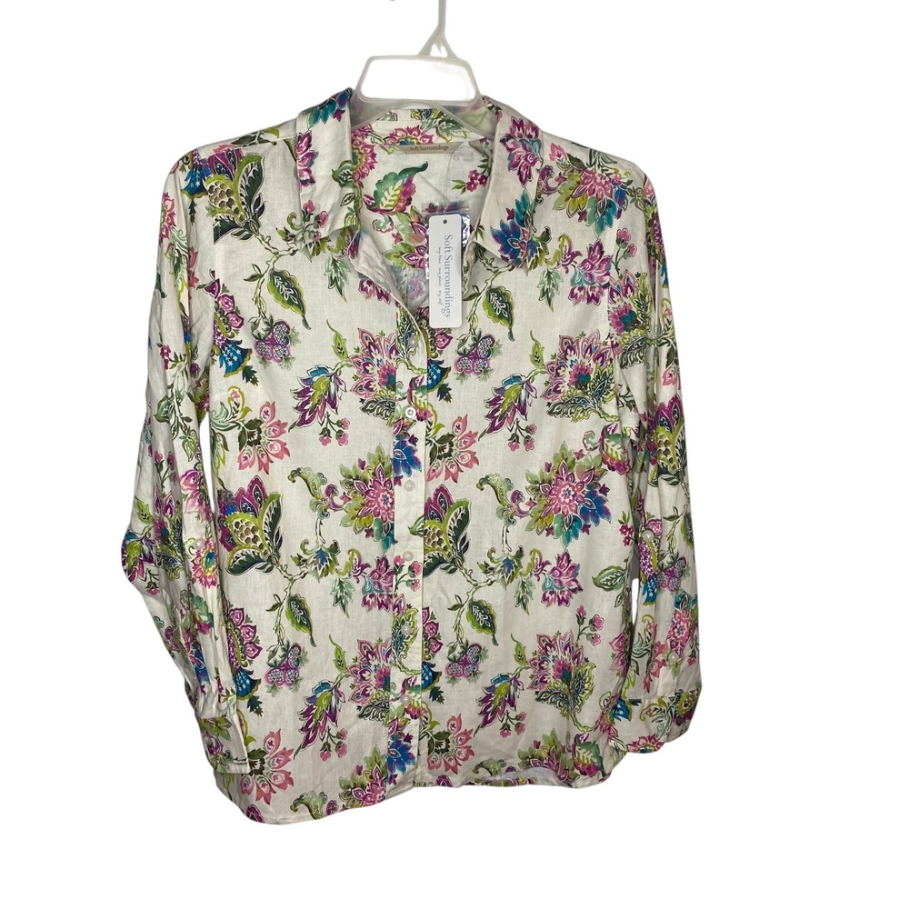 Soft Surroundings Jordan Linen Blend Shirt Floral Multi L 14/16 NWT New
